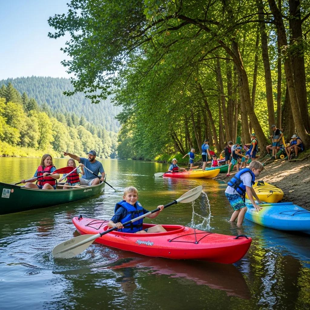 Parents and kids paddling canoes and kayaks on the Mahoning River