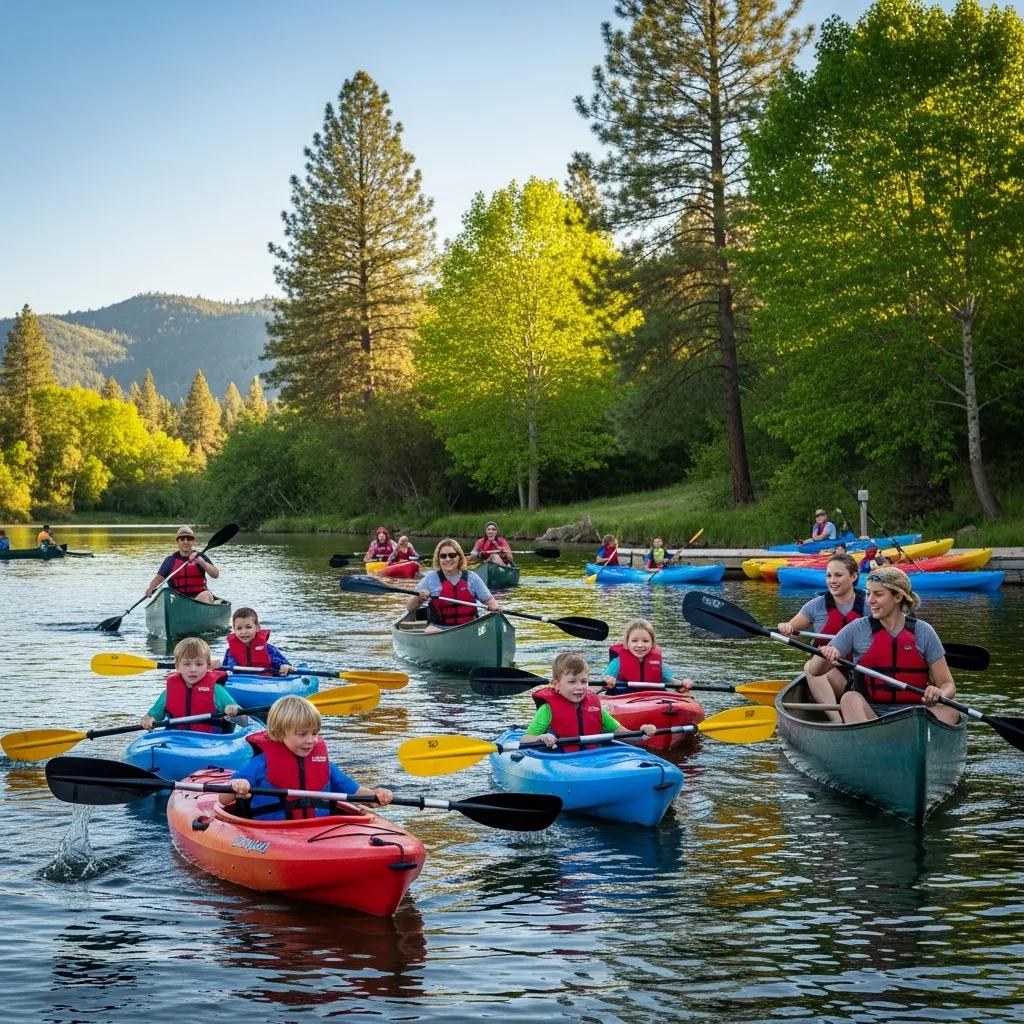 Families canoeing and kayaking on the 17-acre lake at Ridge Ranch