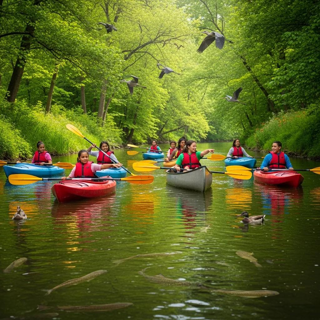 Families paddling the Shiawassee River and spotting birds and wildlife