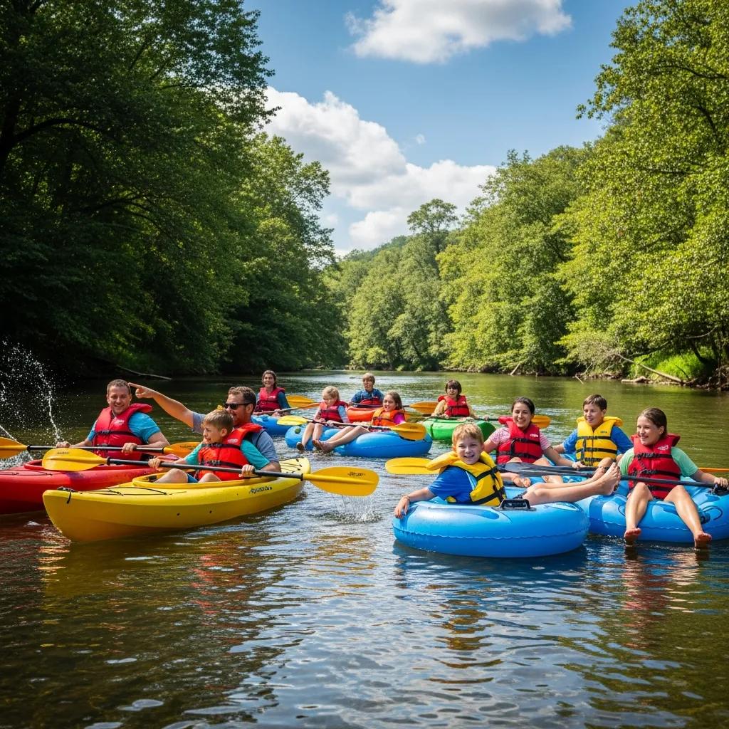 Families kayaking with life jackets at Walnut Hills Campground, emphasizing safety and outdoor adventure