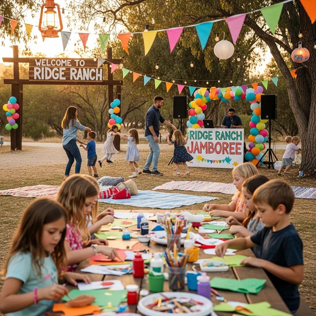 Camp families enjoying crafts and an evening DJ dance at Ridge Ranch