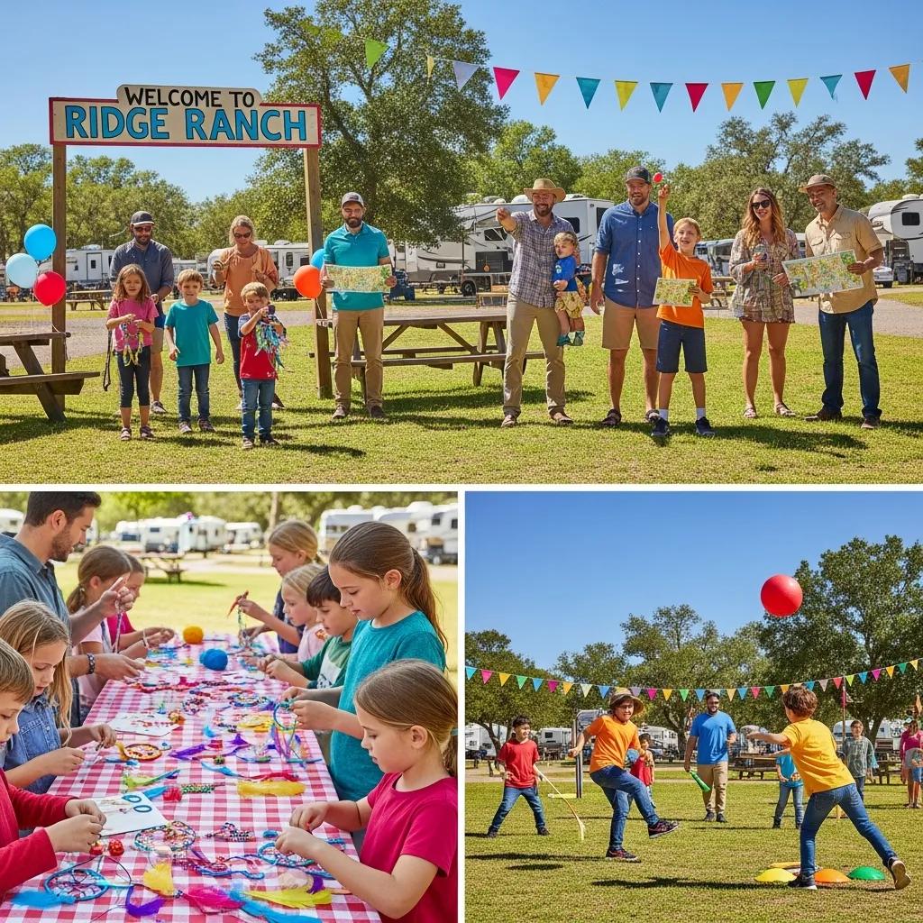 Families doing crafts and playing games together at Ridge Ranch Campground
