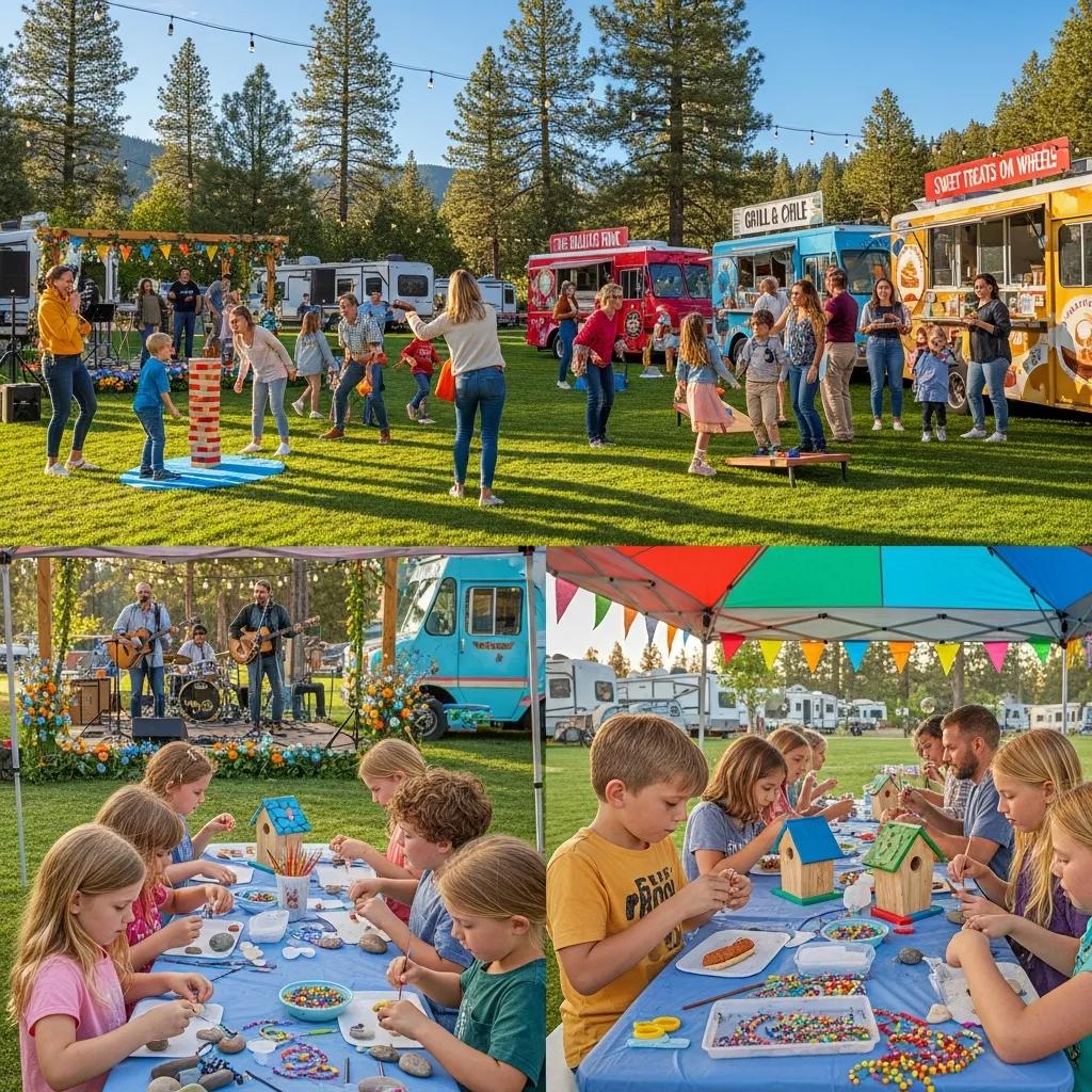 Families participating in entertainment activities at a campground with crafts, food trucks, and games