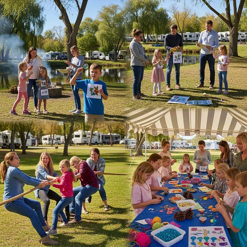 Families enjoying crafts, games, and outdoor movie nights at Willow Lake Park