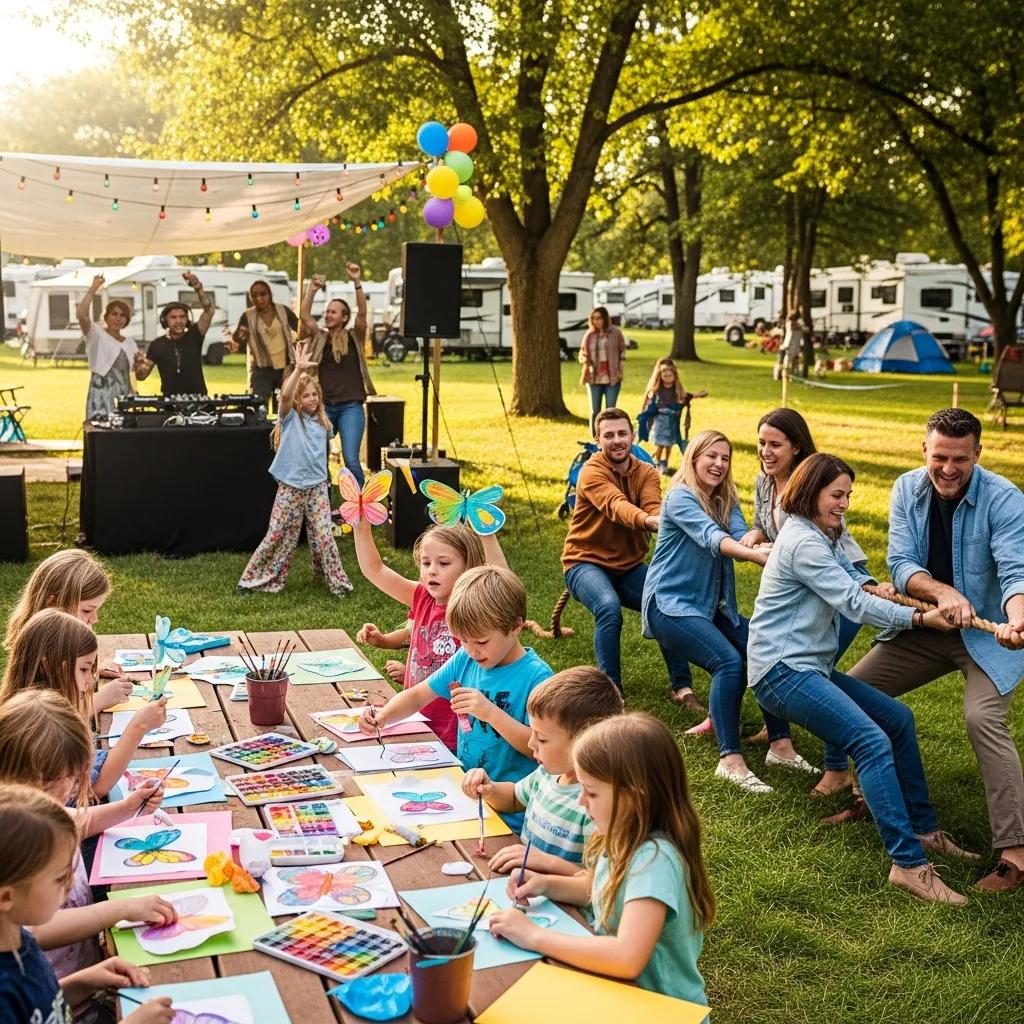 Families doing crafts and tug-of-war at Walnut Hills Campground