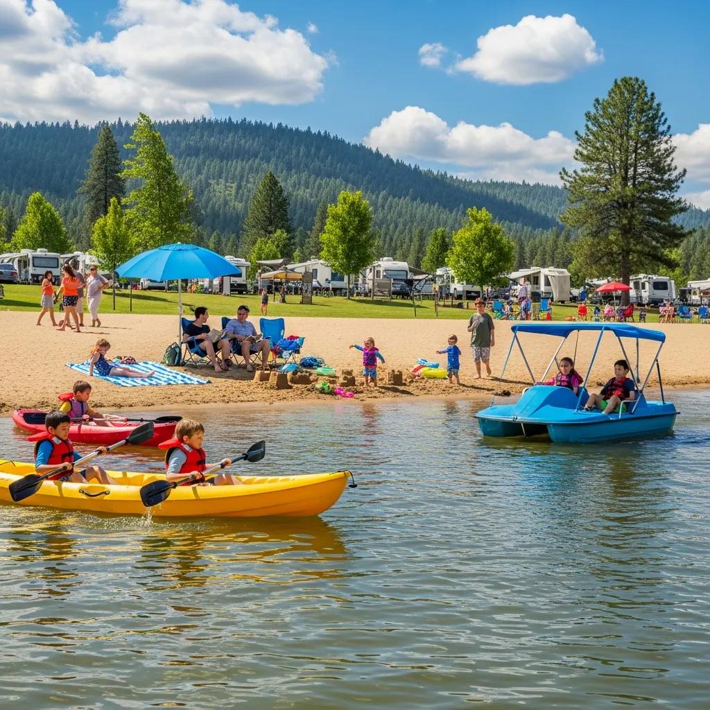 Paddleboats and kayaks for rent on Ridge Ranch's 17-acre lake