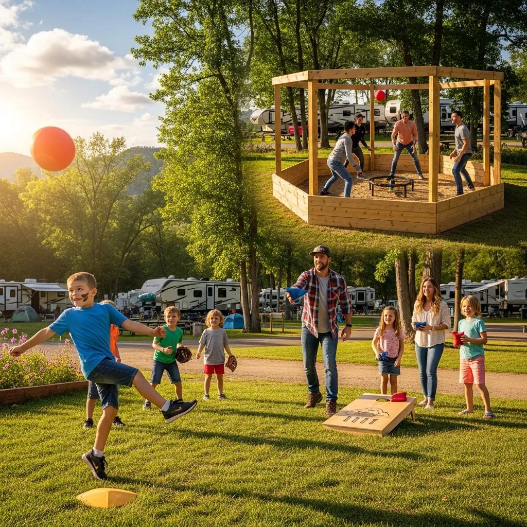 Families taking part in sports and games at Ridge Ranch Campground