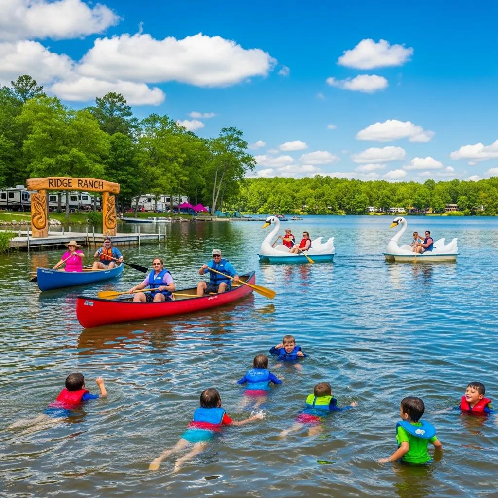 Parents and kids swimming, canoeing, and paddleboating on Ridge Ranchโs lake