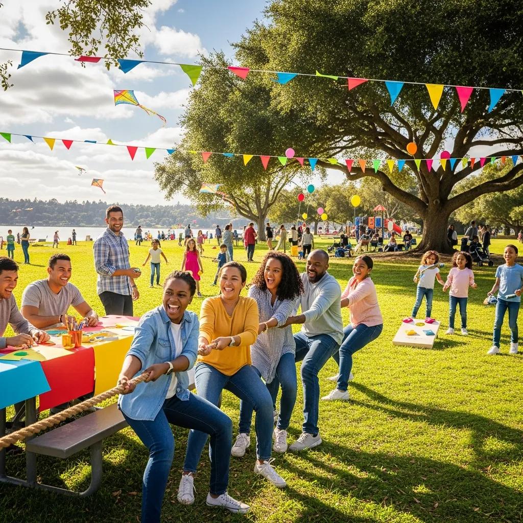 Children and parents doing tug‑of‑war and crafts during a family event at Woodside Lake Park