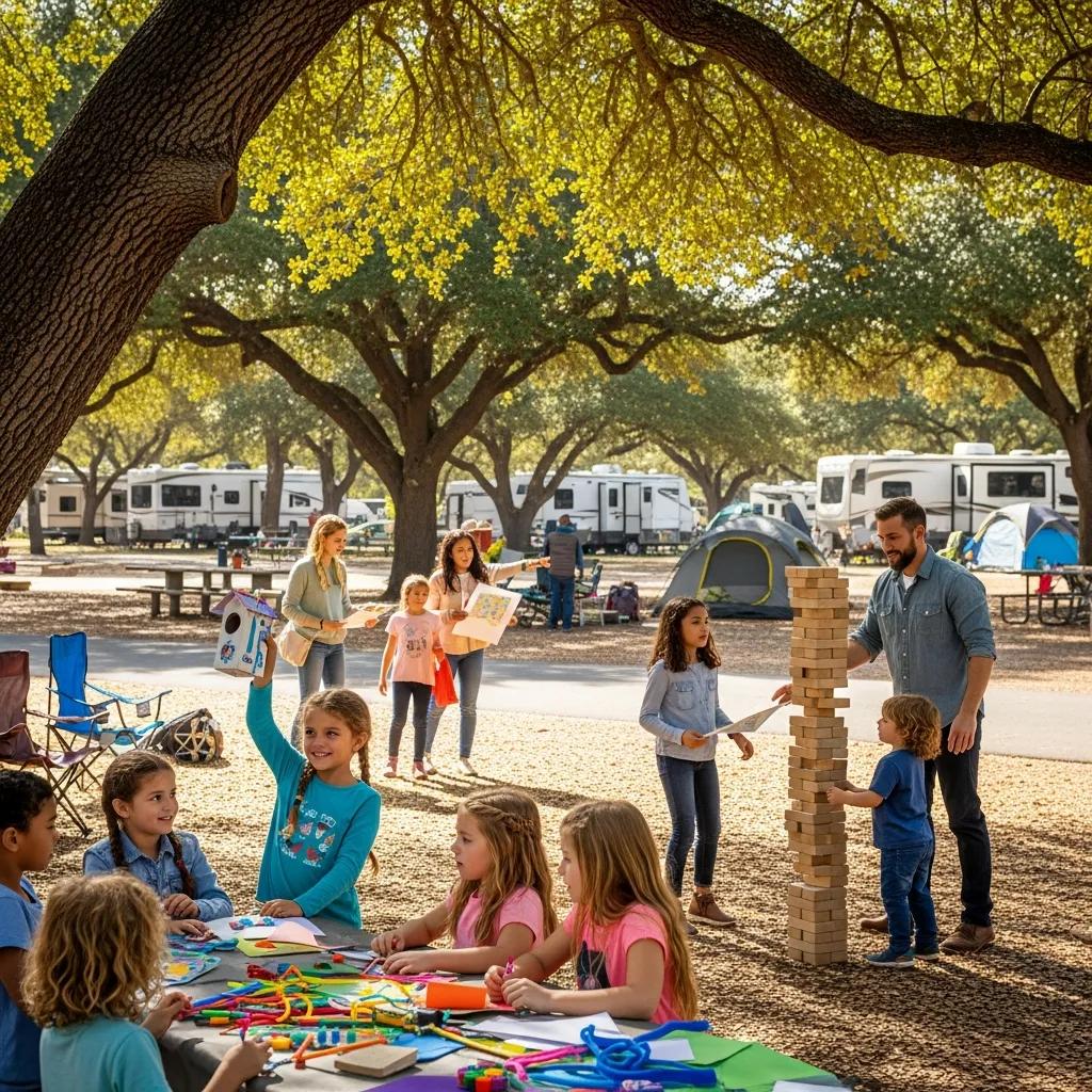 Families enjoying a weekend event with crafts and games at The Oaks Campground