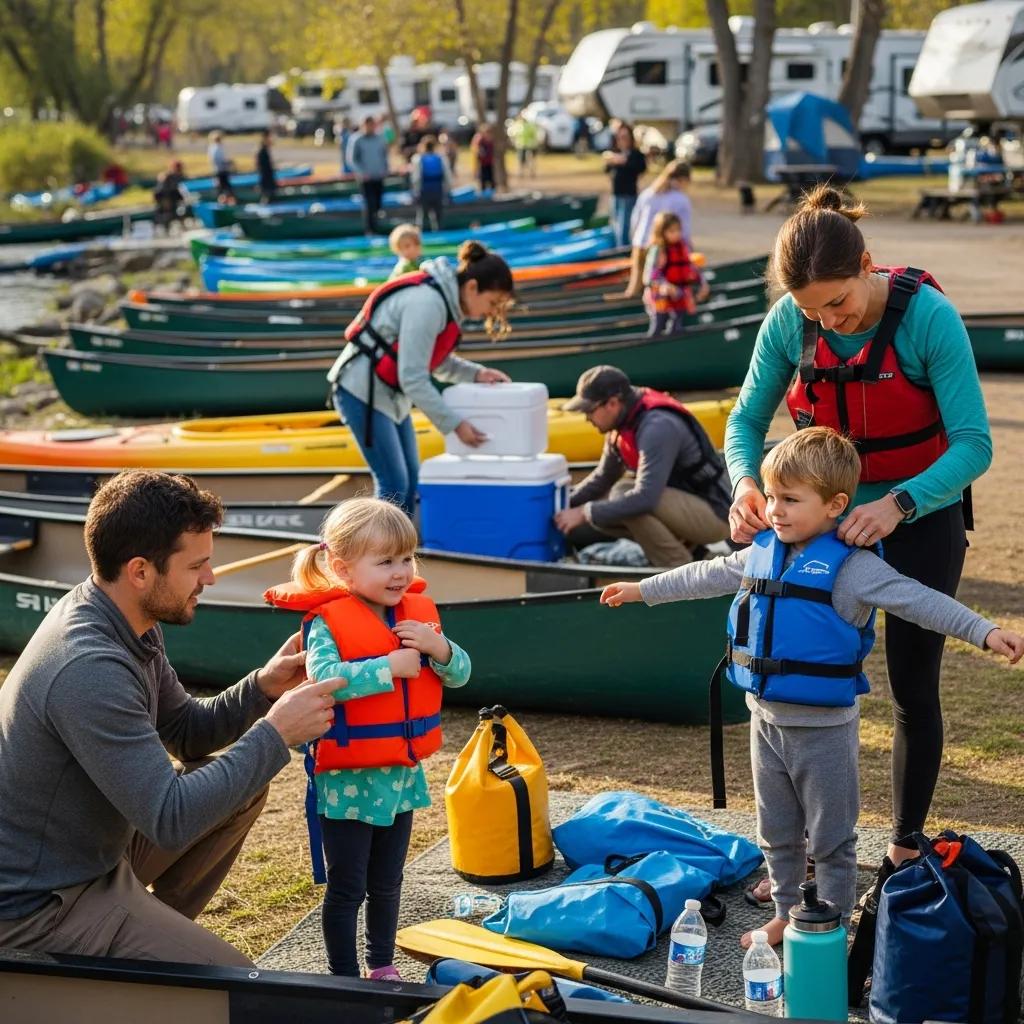 Children and adults checking life jackets before a canoe trip at Walnut Hills — safety first