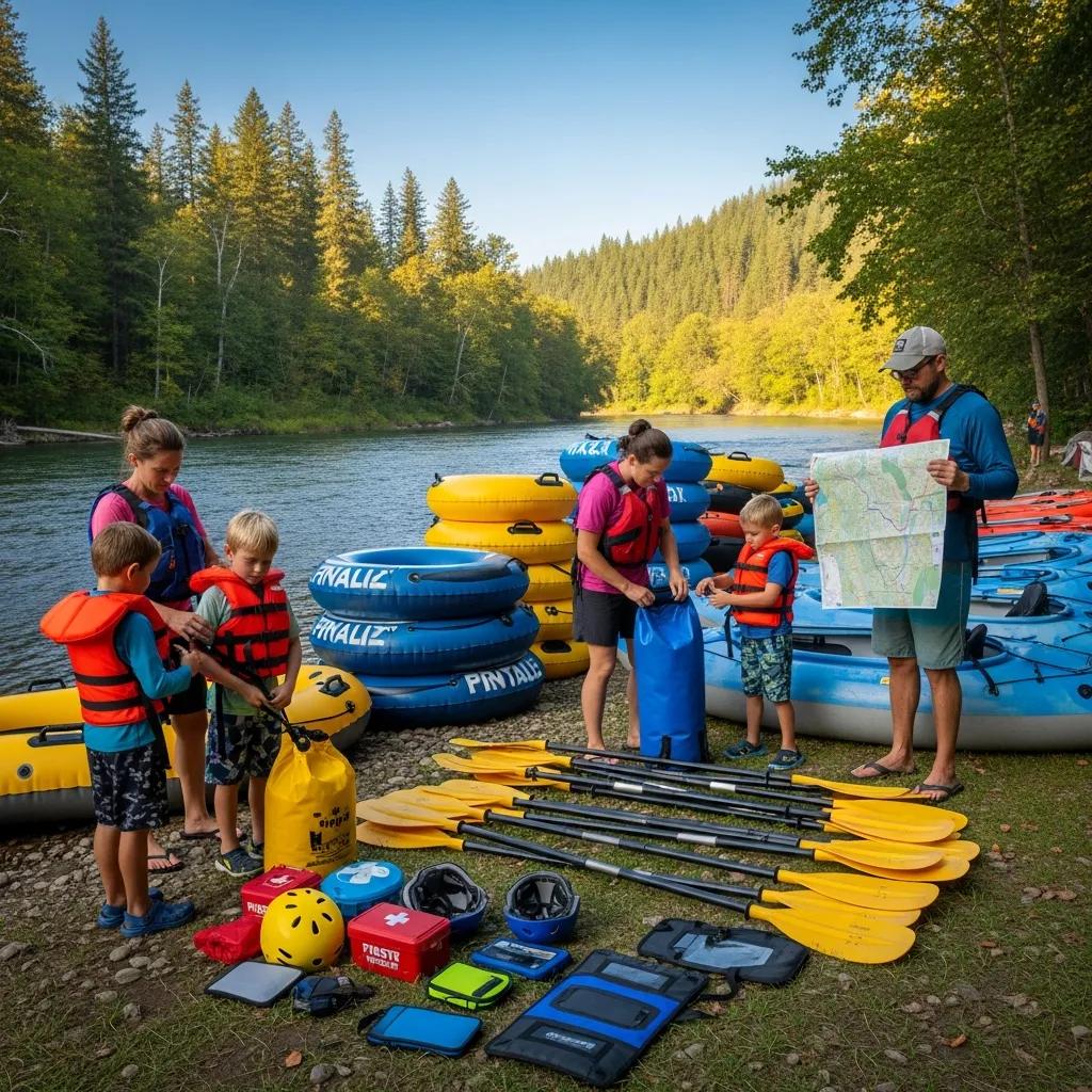 Families checking life jackets and rental kayaks before heading out to float the river
