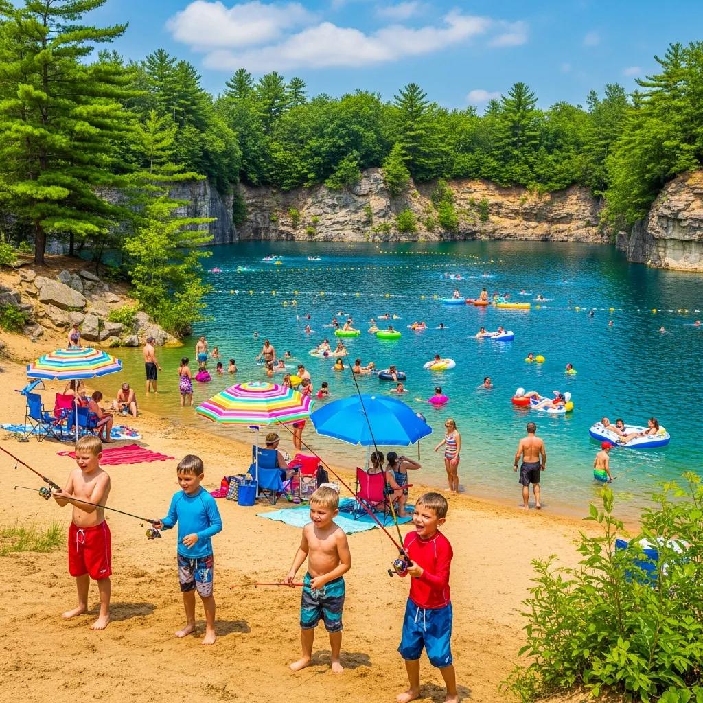 Families swimming and fishing at the quarry lake at Nelson Ledges Quarry Park