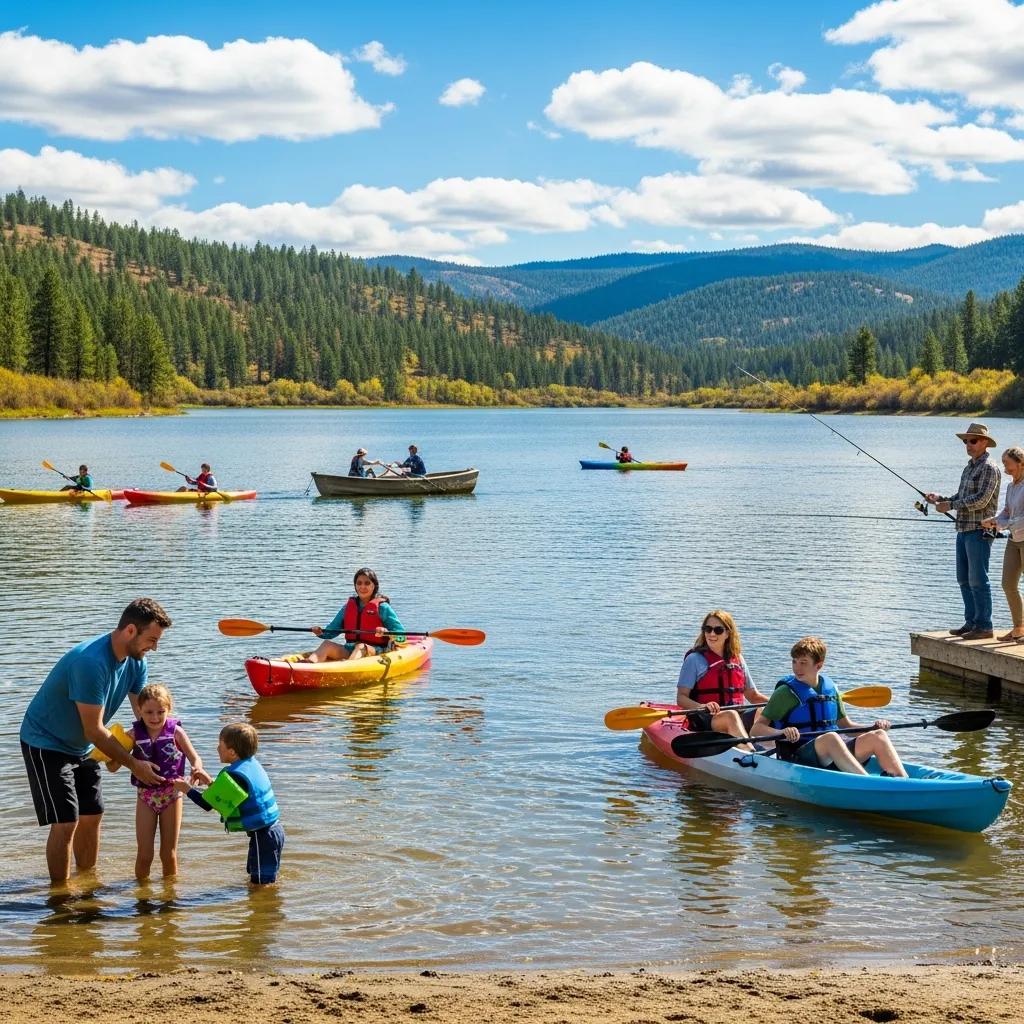 Family swimming, fishing, and paddling on Ridge Ranch’s 17‑acre lake