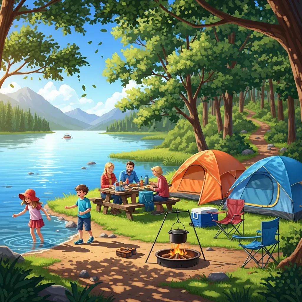 Family camping at a scenic campground with a lake, tents, and children playing