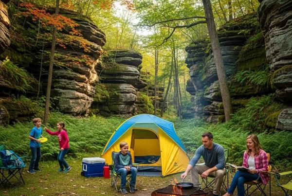 Family camping at Nelson Ledges State Park with tents and children playing in a scenic landscape
