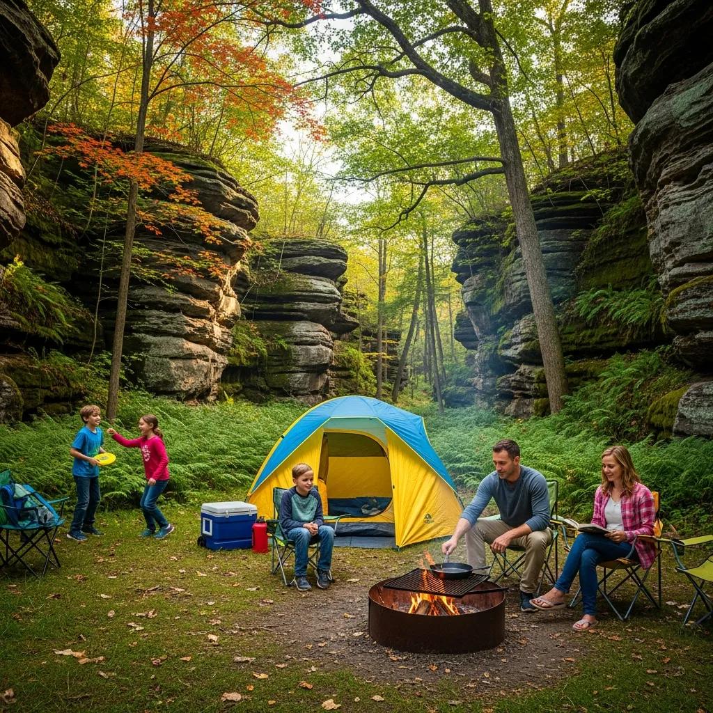 Family camping at Nelson Ledges State Park with tents and children playing in a scenic landscape