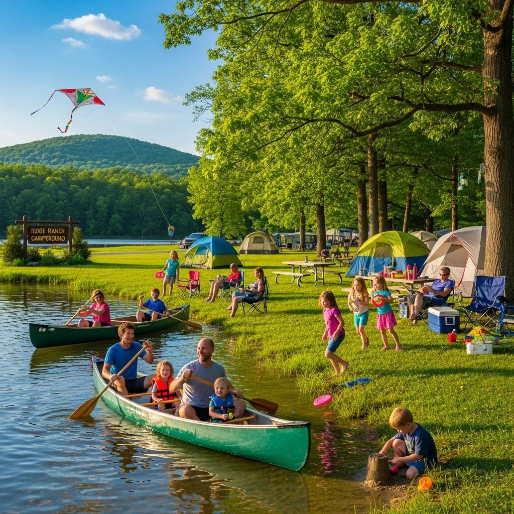 Family camping at Ridge Ranch Campground in Ohio with children playing and canoeing on the lake
