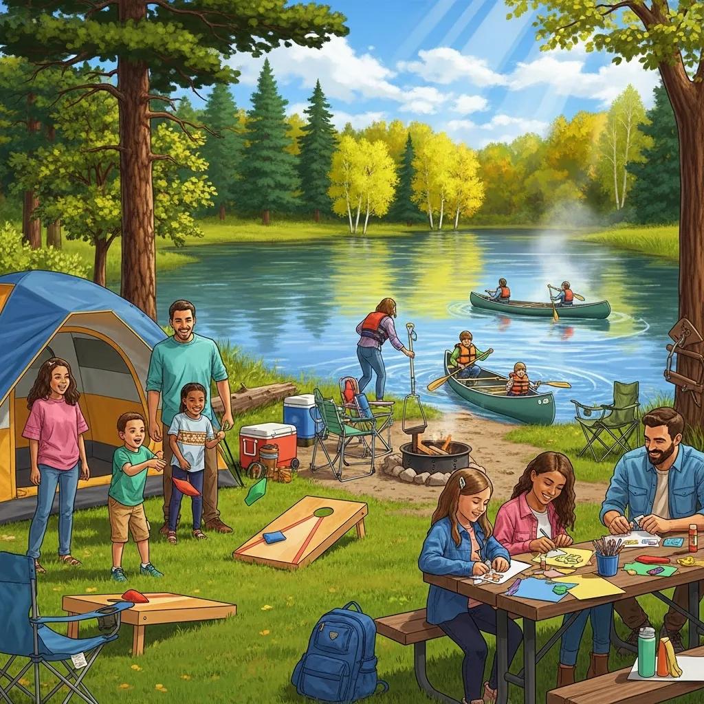 Family camping at Ridge Ranch Campground near Pittsburgh, featuring outdoor activities and a scenic lake