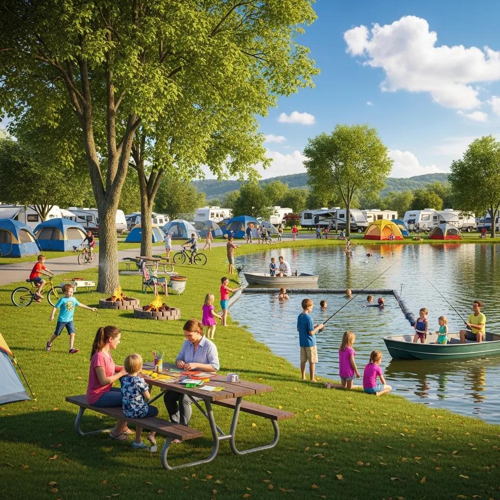 Family camping at Ridge Ranch Campground with kids fishing and swimming in the lake