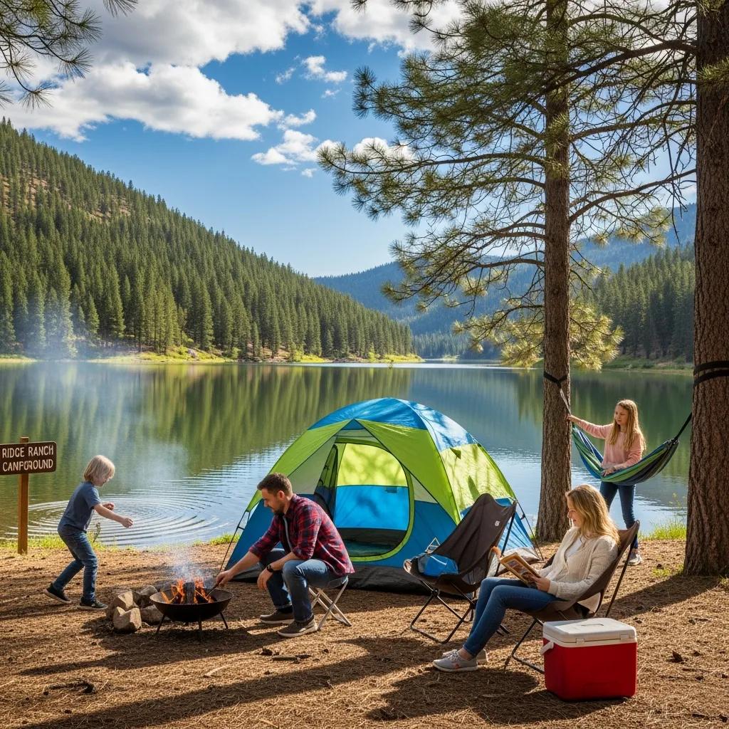 Family camping at Ridge Ranch Campground with lakefront views and outdoor activities