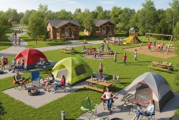 Family camping at Ridge Ranch Campground with spacious tents and cabins, showcasing family-friendly amenities