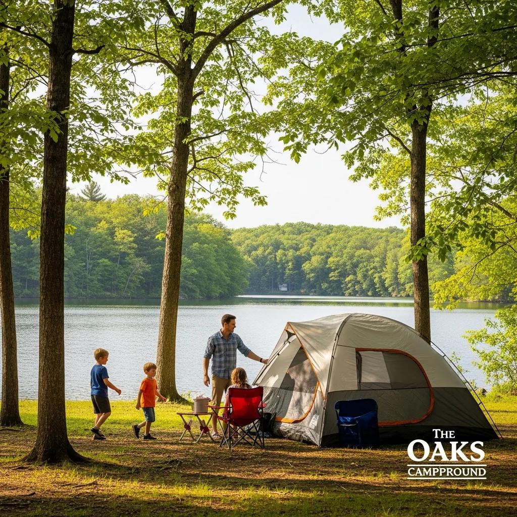 Family camping at The Oaks Campground in Jackson, Michigan, showcasing a tent by a lake and children playing