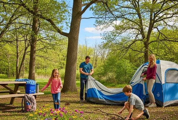 Family camping at The Oaks Campground in Michigan, showcasing a joyful outdoor experience