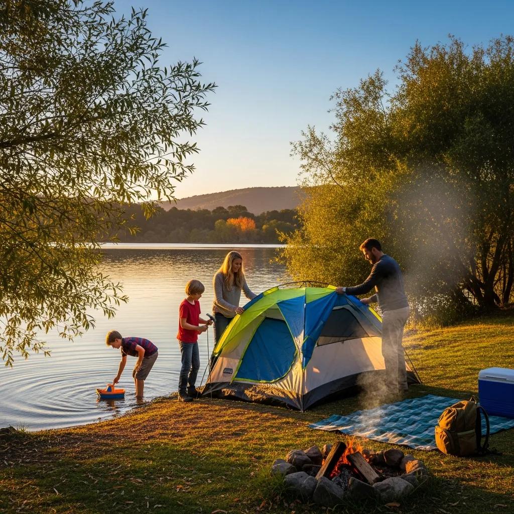 Family camping at Woodside Lake Park with a scenic lake view and lush greenery