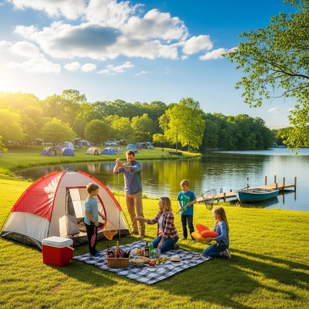 Family camping at Woodside Lake Park with a tent by the lake and children playing