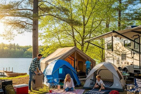 Family camping at Woodside Lake Park with tents and RV by the lake