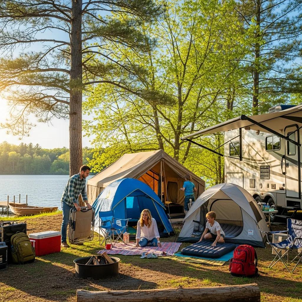 Family camping at Woodside Lake Park with tents and RV by the lake
