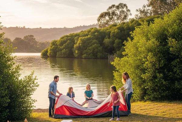 Family camping at Woodside Lake Park with tents by the lake