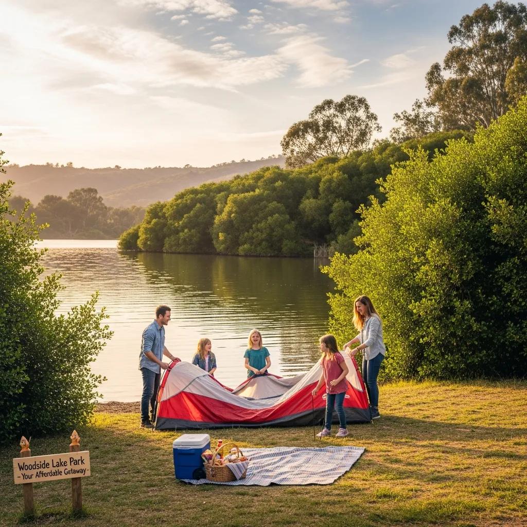 Family camping at Woodside Lake Park with tents by the lake