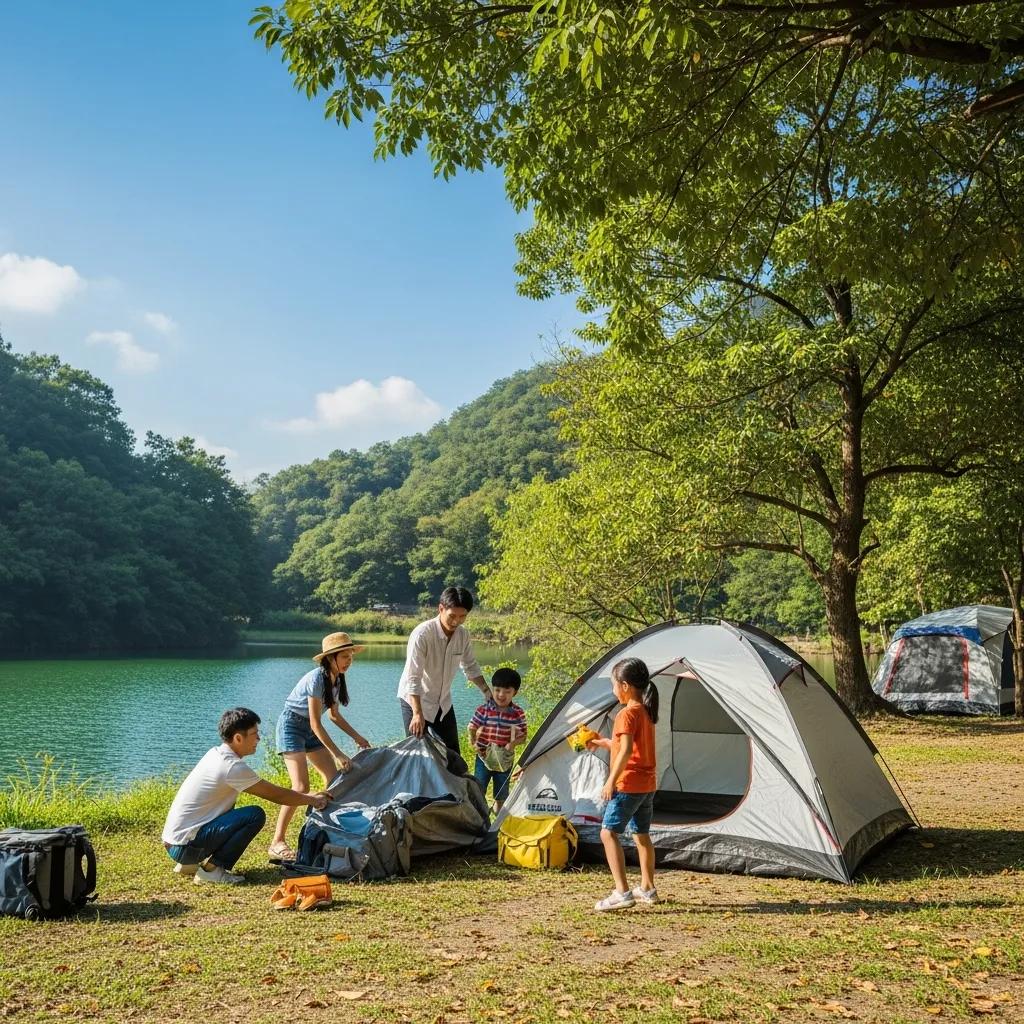 Family camping by a lake, showcasing outdoor adventure and bonding