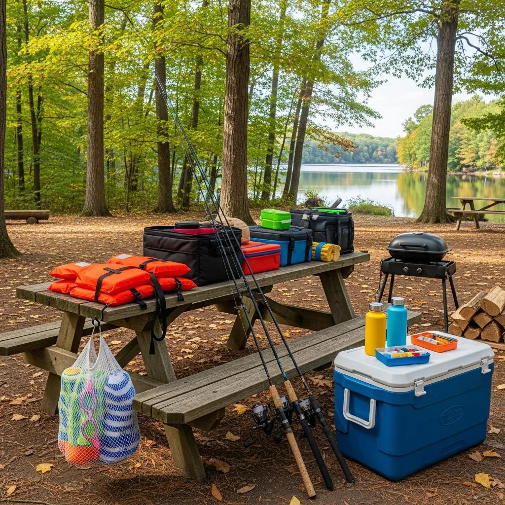 Packed family camping gear ready for swimming and fishing in Michigan