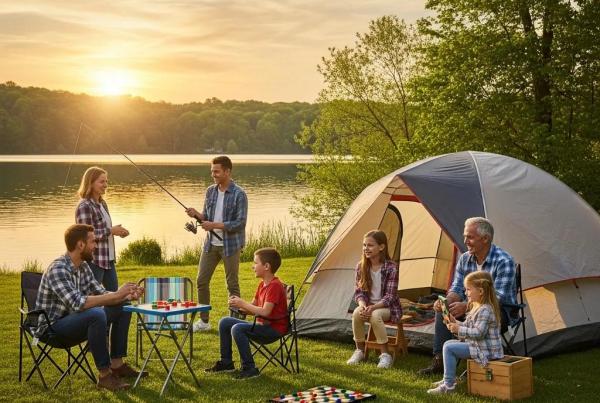 Family camping in Ohio with a tent by a lake, showcasing outdoor activities and a warm atmosphere