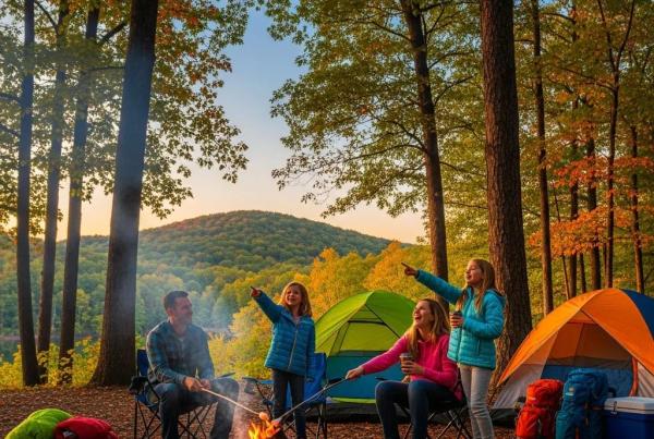 Family camping in Ohio with tents, campfire, and natural landscape