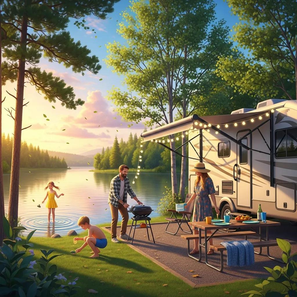 Family camping by a lake with an RV and kids playing