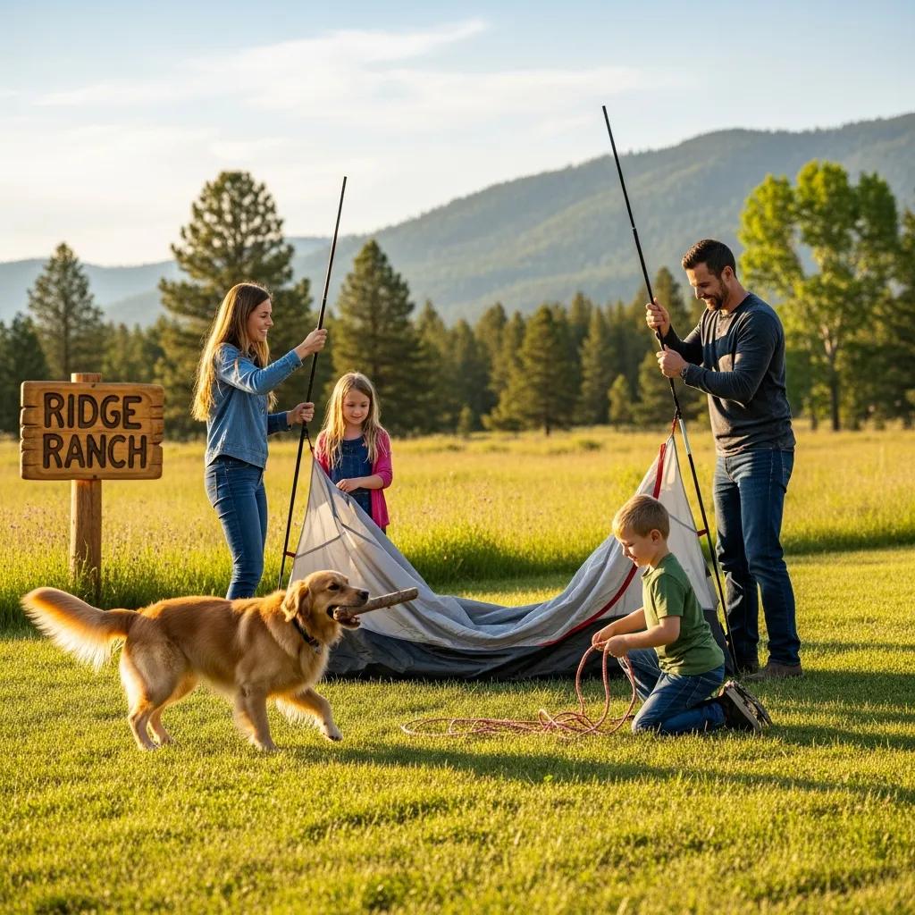 A family with a dog enjoying the outdoors at Ridge Ranch Campground