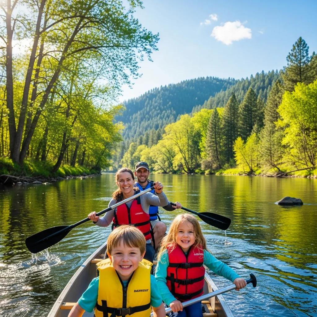 Family canoeing on the Rifle River, enjoying nature and outdoor fun