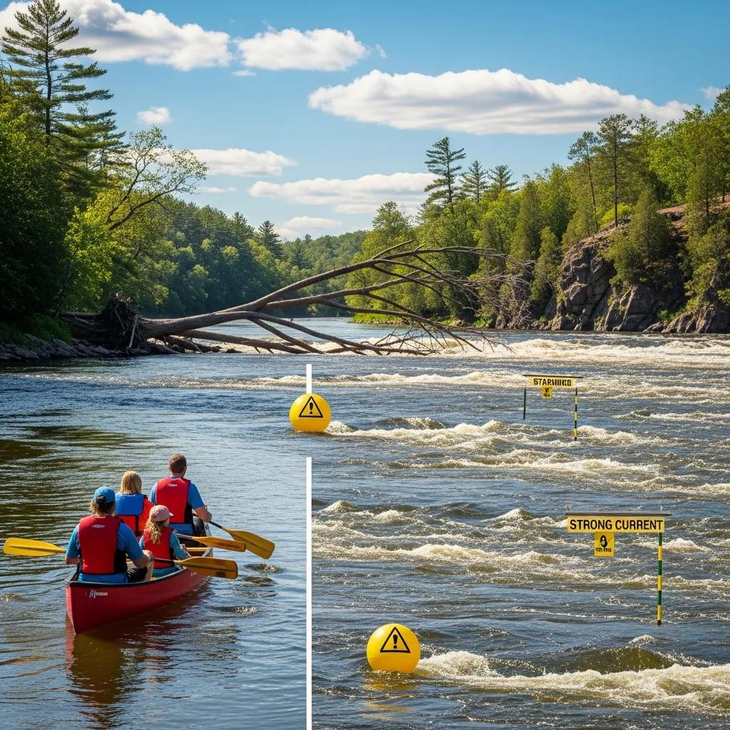 Family canoeing while staying alert for common river hazards
