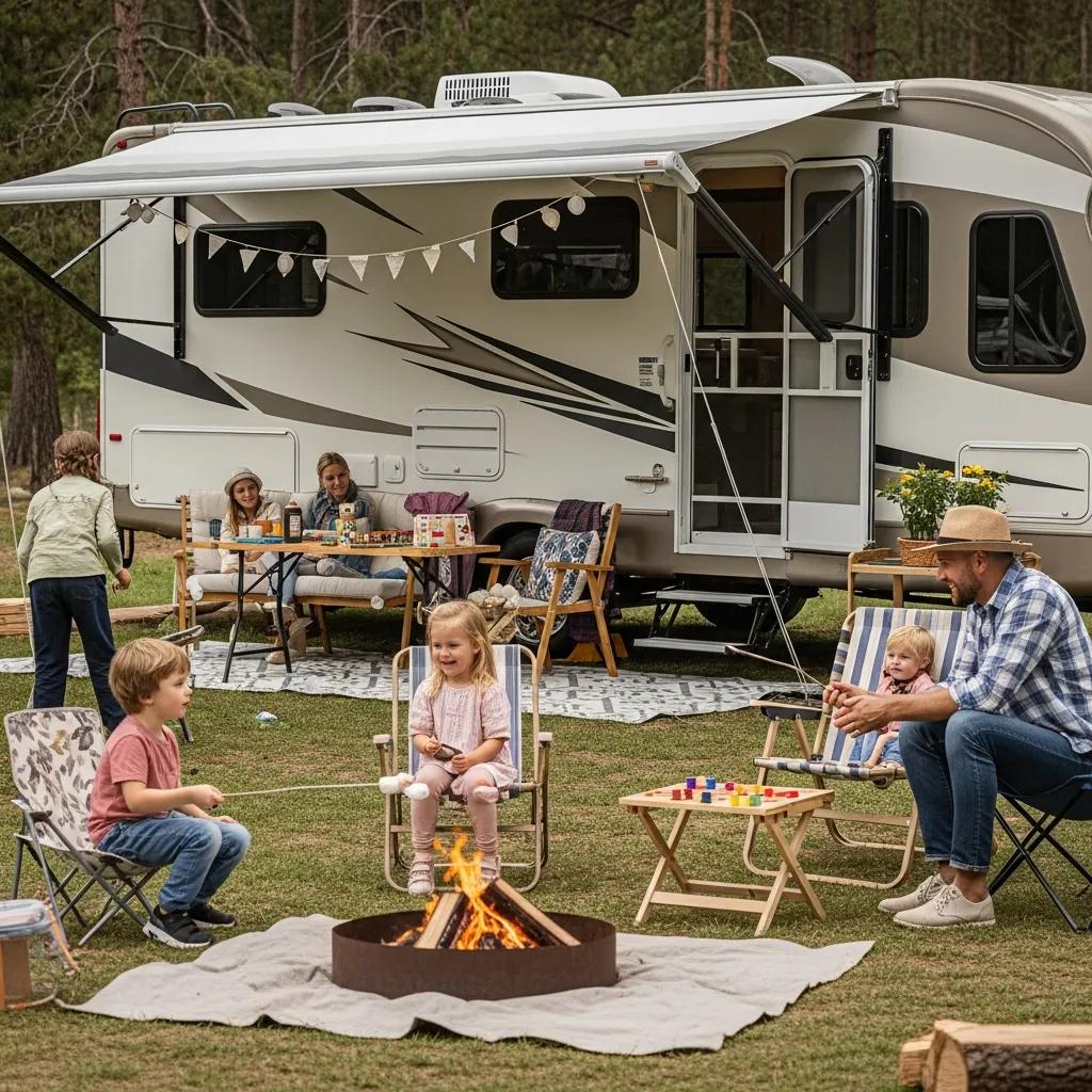 Family enjoying a campsite with RV, campfire, and outdoor activities