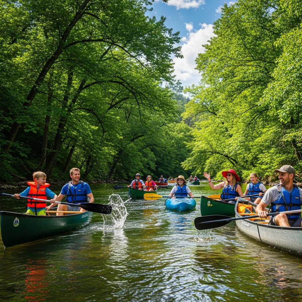 Family paddling canoes on the river, enjoying a float trip