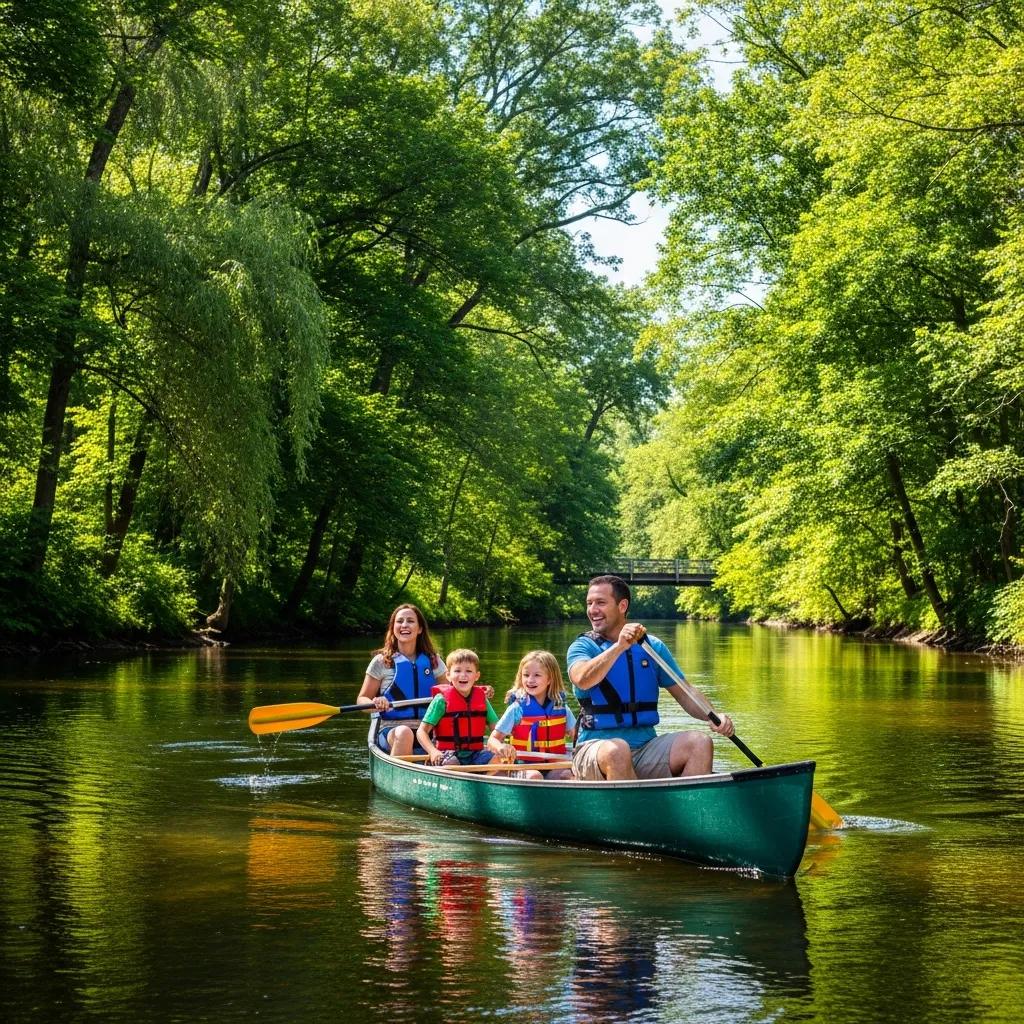 Family enjoying a scenic float trip on the Shiawassee River