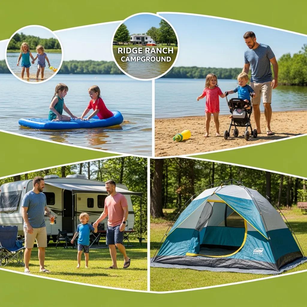 Family enjoying lakefront fun at Ridge Ranch — swimming, beach, and dock