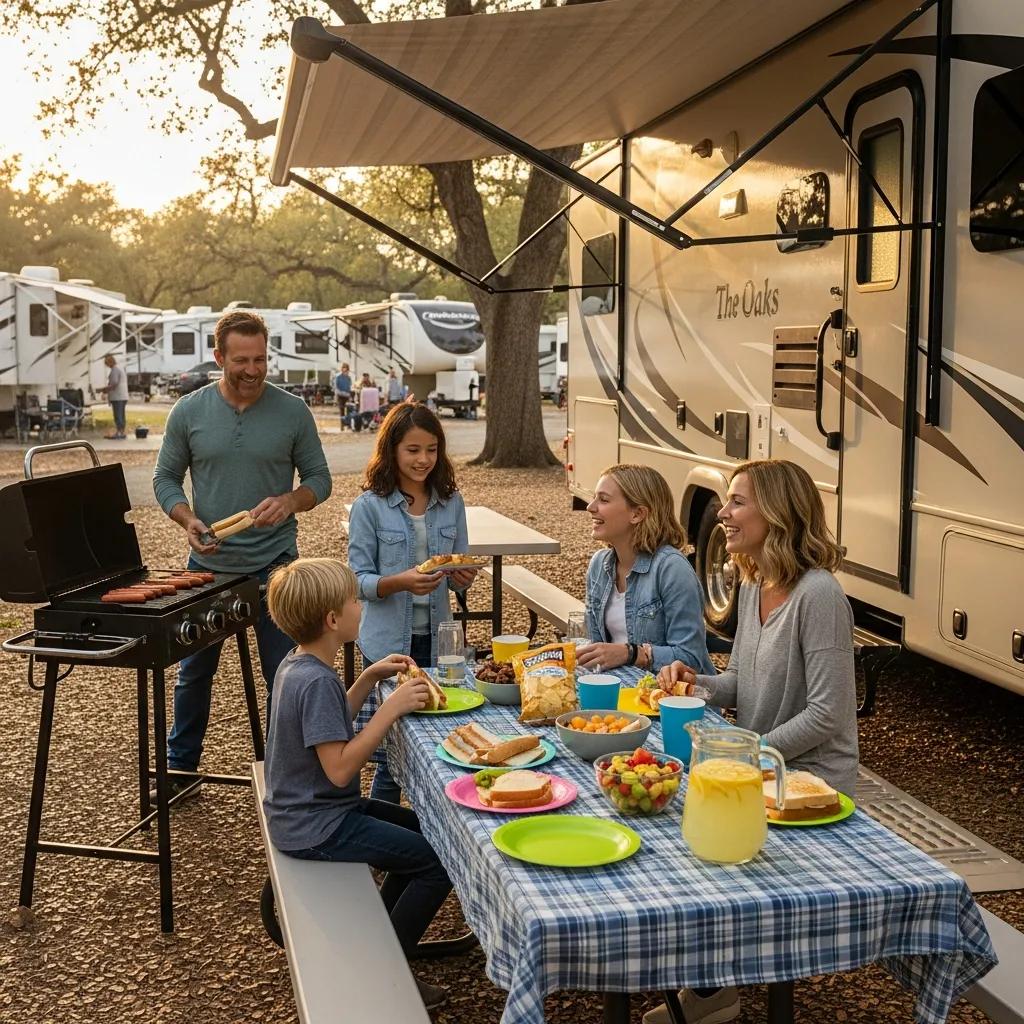 Family sharing a meal outside their RV at The Oaks, showing community and the cost benefits of seasonal camping
