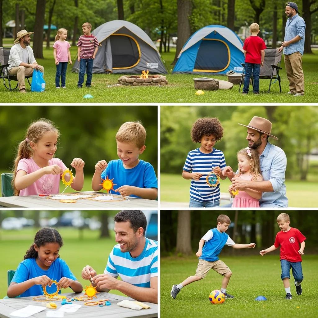Family enjoying camping activities with crafts and games in a lush campground