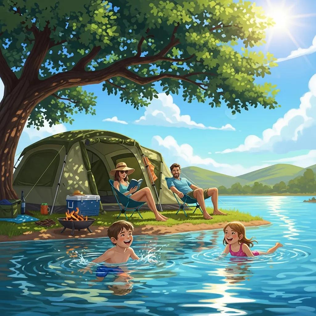 Family enjoying camping by a lake with children swimming and a tent set up