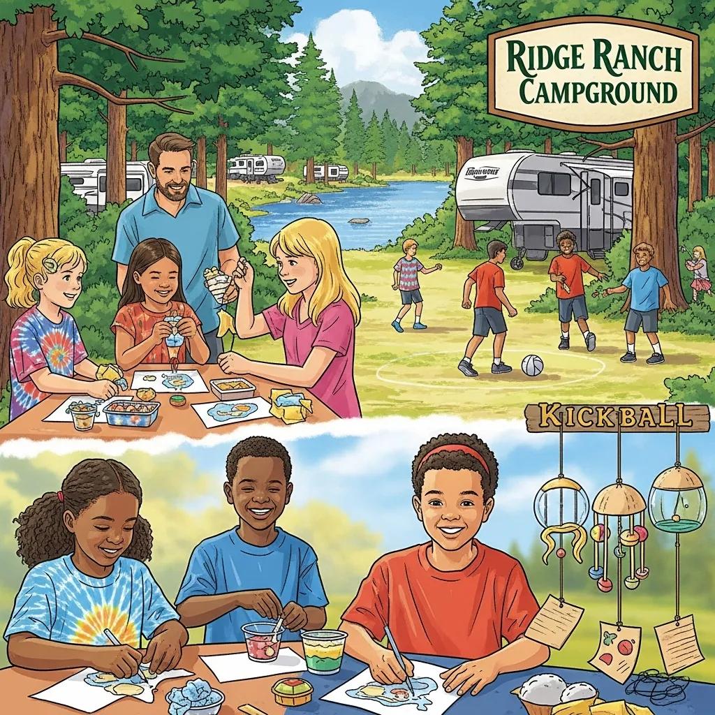 Family enjoying crafts and games at Ridge Ranch Campground, highlighting family-friendly activities